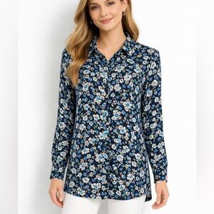 J Jill Button Down Tunic Blouse Floral Black Size L